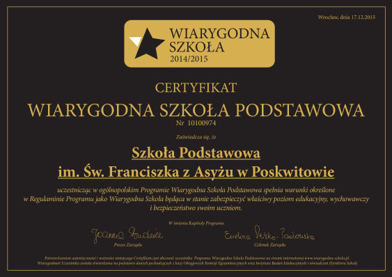 Wiarygodna Szkola certyfikat 2014 2015tabl
